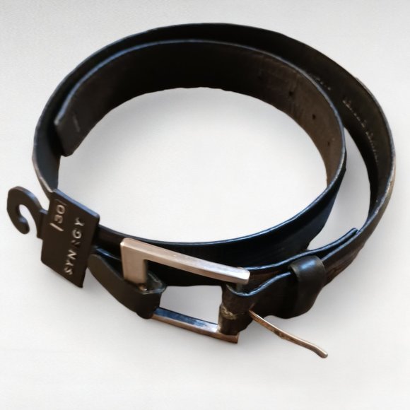 New Mens SNRGY Black Leather Reptile Embossed Brushed Silver Buckle 30" Belt - Picture 2 of 7